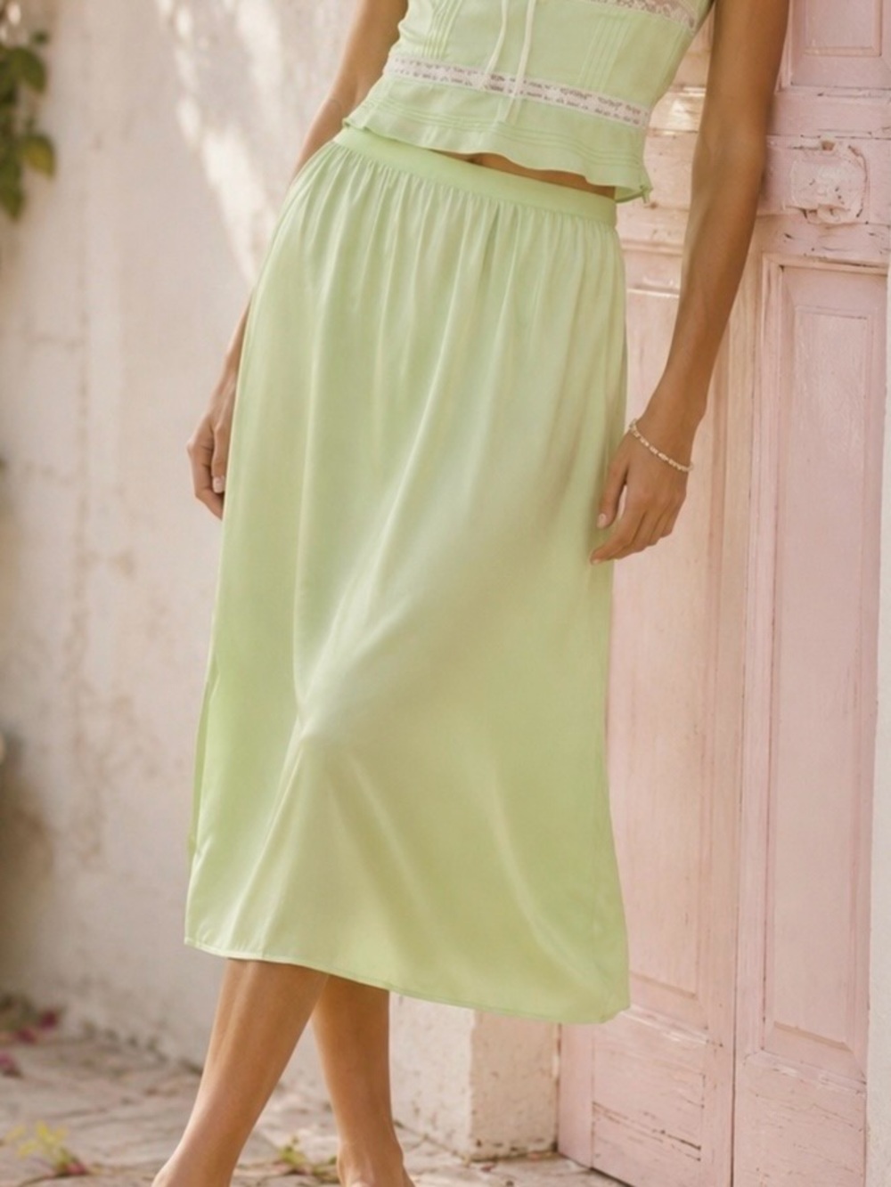NWT LoveShackFancy Satin ‘Aimee’ Midi Skirt in “Lime Green” Size P = 00